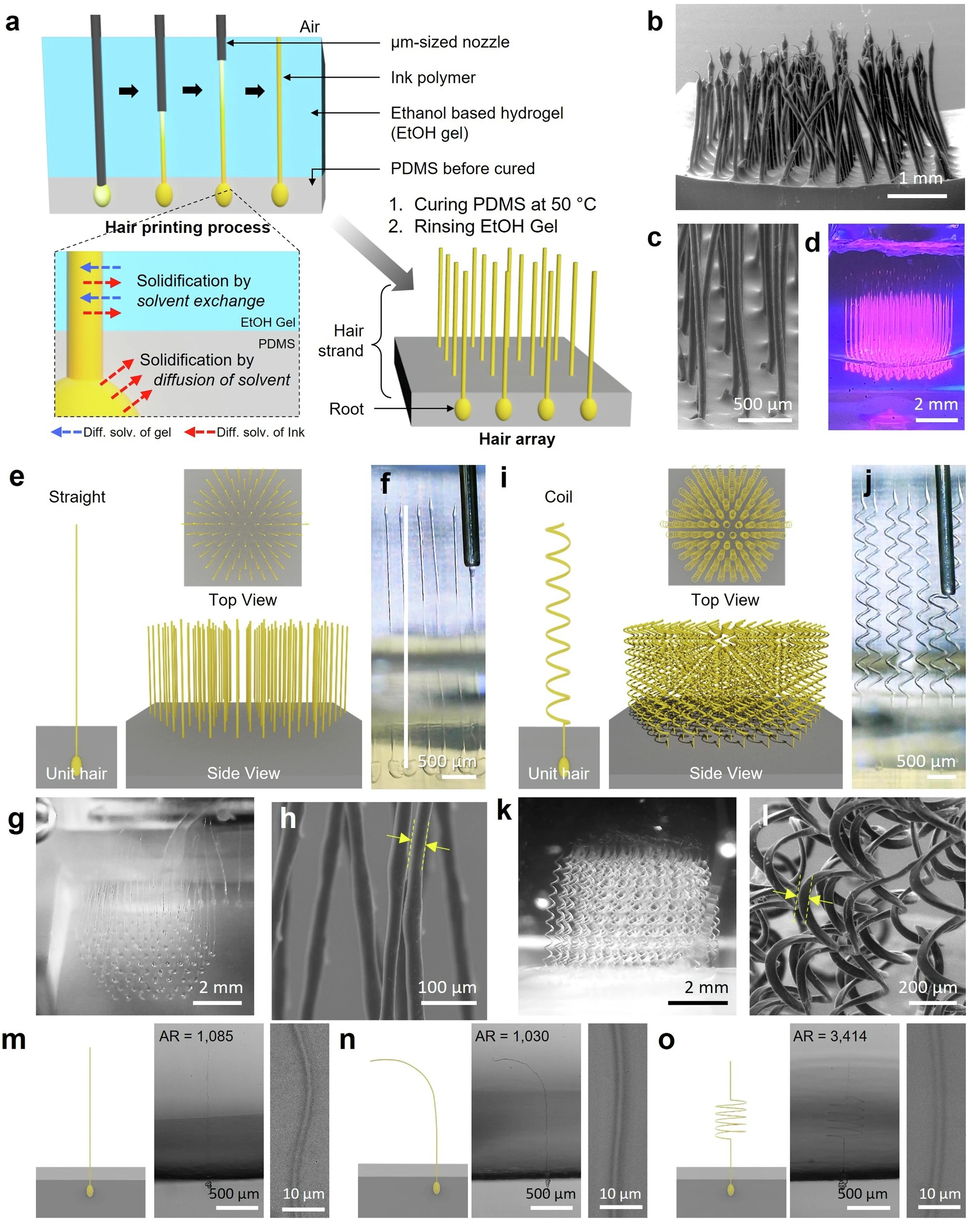 figure presenting a compilation of schematics and images that describe the arrays used in their 3D printing experiments