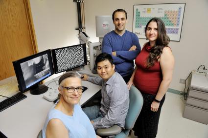 The University of Illinois team included, from left, Marianne Alleyne, Junho Oh, Nenad Miljkovic and Catherine Dana. Not pictured: Longnan Li. Photo by Lou McClellan, Beckman Institute for Advanced Science and Technology.