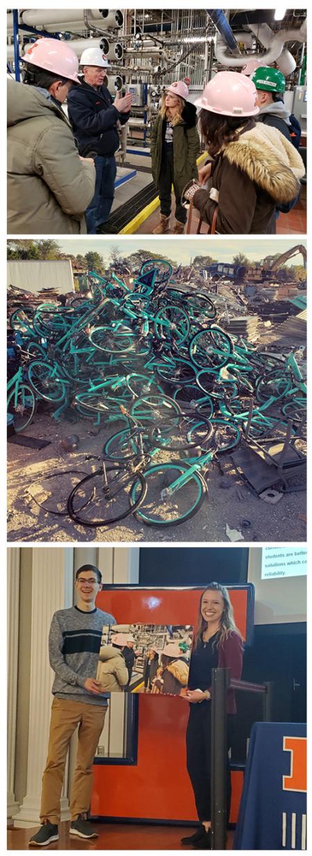 Top image: Powering Change. Middle image: Full Cycle. Bottom image: Peter Davis receives his first-place award from Meredith Moore, the campus sustainability programs coordinator.