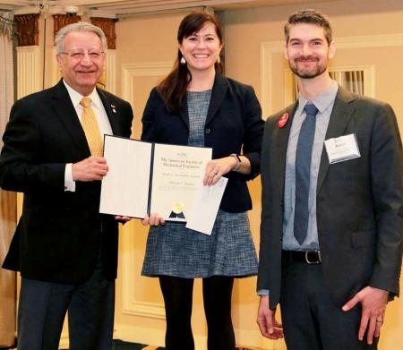 Dunn received the award from Professor Said Jahanmir, president of ASME, and Aaron Greco, prior winner of the Newkirk award and group leader of the Argonne National Laboratoryâ€™s Materials for Harsh Conditions group. Photo courtesy of STLE. 