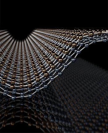 Illustration of a bend in bilayer graphene. Graphic courtesy of Blanka Janicek, Pinshane Huang Lab.
