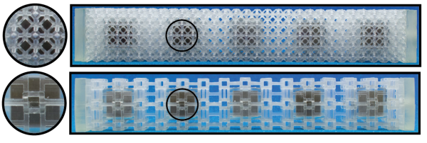 These Kelvin and foam geometry lattice resonators are two of the metastructures the researchers studied in prior work. They have a periodic lattice geometry with metal cubes embedded to act as resonators. With experiments and simulations, they determined how different geometries with the same densities caused changes in frequency band gaps. These structures were fabricated with stereolithography. 
