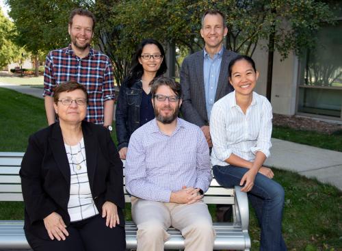 The NRT materials/data science team includes (back row from left) Lucas Wagner (Physics), Bo Li (Statistics), and Harley Johnson (MechSE, Associate Dean for Research). (Front row from left): Klara Nahrstedt (CS, Director of Coordinated Science Laboratory), Dallas Trinkle (MatSE), and Pinshane Huang (MatSE). Not pictured: Lorna Rivera (NCSA), Luke Olson (CS), Elif Ertekin (MechSE), and Matthew Turk (Information Sciences).