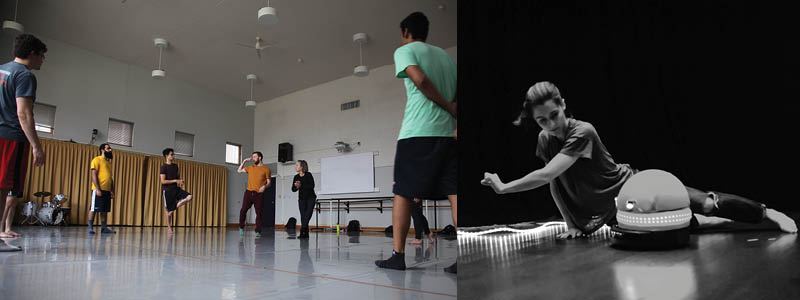 Photo left: Embodied practice in the RAD Lab led by Riley Watts (center); photo by Catie Cuan. Photo right: artistic practice in the RAD Lab through a performance of &quot;Time to Compile&quot; at Brown University; photo by Keira Heu-Jwyn Chang.
