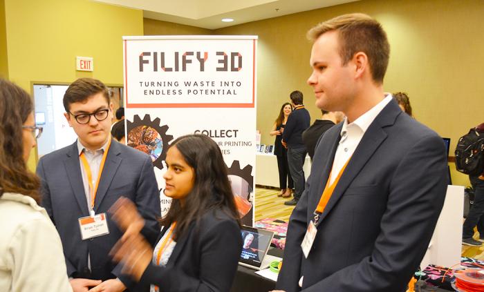 Filify 3D: â€œSo what Filify 3D does is address the issue of classic waste in 3D printing. Kind of using the data weâ€™ve collected we estimate that over the course of the next five years over 15,000 metric tons of waste will be created because of 3D printing,  just using filament 3D printing. So thatâ€™s probably the weight of two Eiffel towers. What we do is we collect waste from printing facilities on campus and we recycle it back into 3D printer filament which is used in the 3D printers as the feedstock.â€