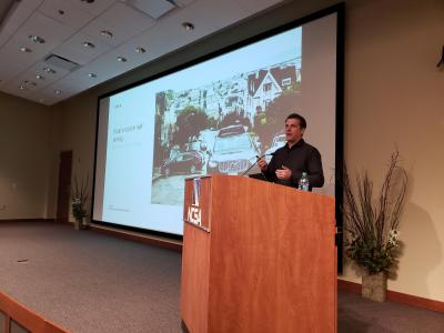 Brandon Basso addresses the crowd during the inaugural Center for Autonomy Distinguished Lecture Series.