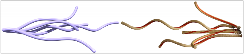 The purple strands on the left show the simulated robot arms. The red and cream strands on the right show the actual robot arms created for this project.