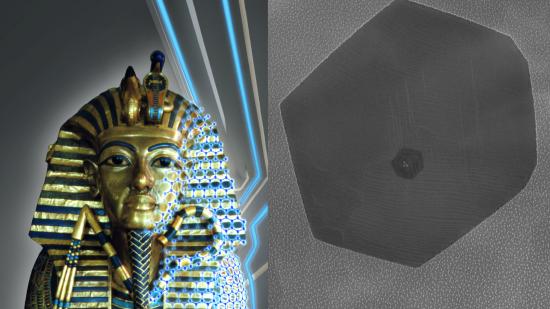 L: An artist rendering of graphene gilding on Tutankhamunâ€™s middle coffin (original photograph copyright: Griffith Institute, University of Oxford). R: Microscope image of a graphene crystal is shown on the palladium leaf. Although graphene is only a single atom thick, it can be observed in the scanning electron microscope. Here, a small crystal of graphene is shown to observe its edges. The team produces leaves where the graphene fully cover the metal surface. 