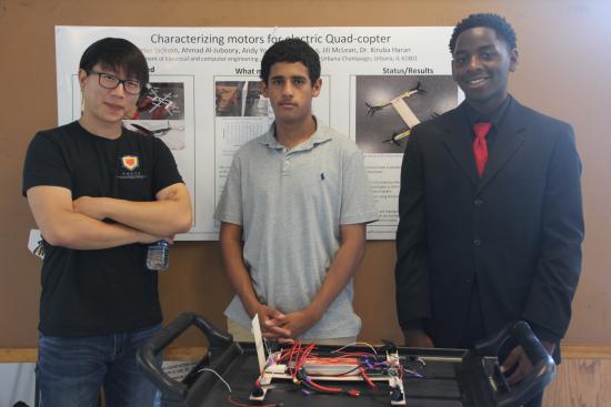 Ahmad Al-Juboory (middle) and DJ Jackson (right) are rising seniors at Champaign Centennial High School. They were mentored by graduate student Andy Yoon (right), in Kiruba Haran's lab.