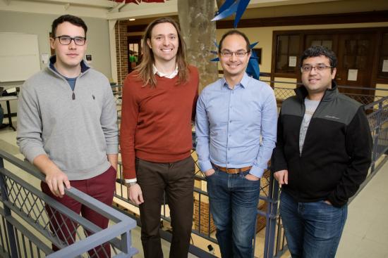 Researchers Kitt Peterson, left, Taylor Hughes, Wladimir Benalcazar and Gaurav Bahl are the first to demonstrate a new phase of matter called quadrupole topological insulators that was recently predicted using theoretical physics. Photo by L. Brian Stauffer.