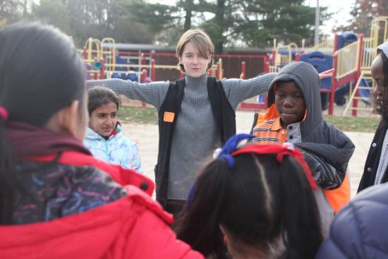 LaViers leads students at King Elementary School in an activity demonstrating expressive robotic systems.