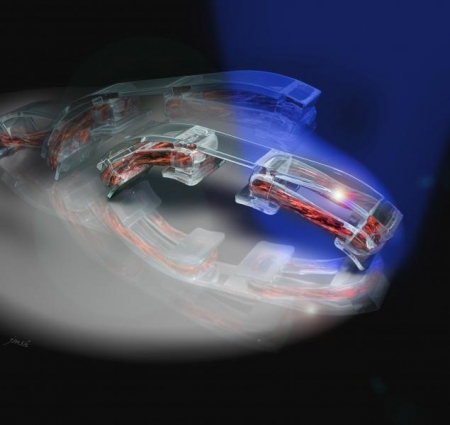 Schematic of a bio-bot: Engineering skeletal muscle tissue is coupled to a 3D printed flexible skeleton. Optical stimulation of the muscle tissue, which is genetically engineered to contract in response to blue light, makes the bio-bot walk across a surface in the direction of the light.