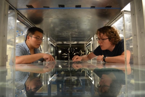 Visiting scholar Huiwen Liu and PhD candidate Nicholas Tobin in the wind tunnel in Talbot Lab.