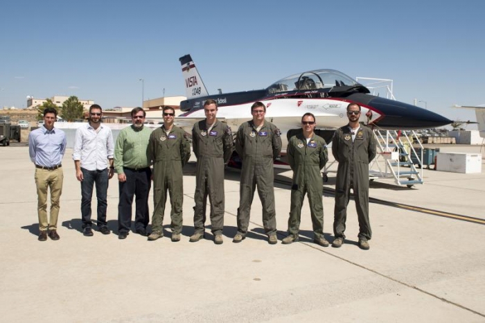Hovakimyan's students, Javier Puig Navarro (far left) and Kasey Ackerman (next to Javier), joined the test pilots at Edwards Air Force Base. 