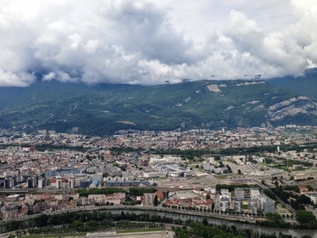 View from La Bastille. The many buildings that make up the primary research and technology hub of Grenoble, where both Johnson and Wagoner Johnson worked, can be seen in the middle of the photo. 