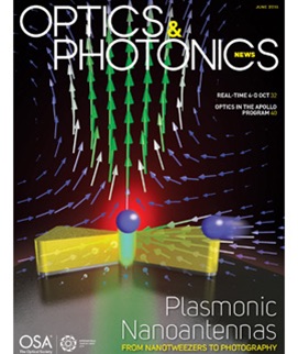 From the OPN cover: Convection currents surrounding plasmonic nano&not;tweezers draw particles into the optical trap. Illustration by Brian J. Roxworthy.     