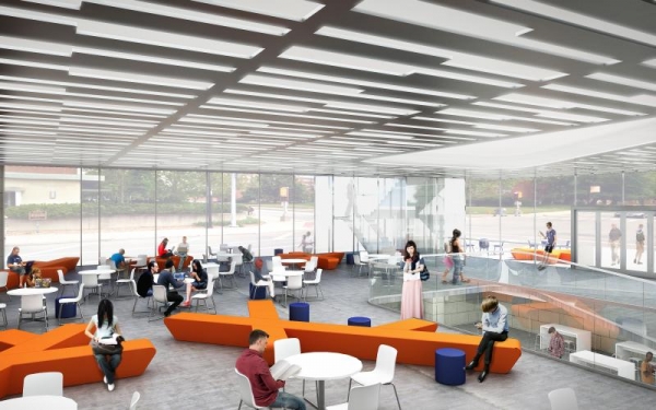 A massive, open-air collaboration space on the first floor of the Sidney Lu Center for Learning and Innovation will provide students a true destination space for studying, socializing, project work, and much more.