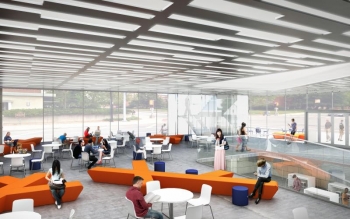 The first-floor collaboration space will feature views of Green, Goodwin, and the Design Commons on the lower level.
