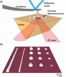 (a) Graphical representation of AFM-IR on polymer nanostructures of differing size. The thermomechanical expansion of the absorbing polymer nanostructure shocks the AFM cantilever into oscillation. The deflection laser measures the cantilever response to the shock from the polymer structure. (b) An AFM image of polyethylene nanostructures fabricated using a heated AFM probe with heights ranging from 10 nm to 100 nm. Tip temperature, speed, and dwell time controlled the sizes of the fabricated structures. 
