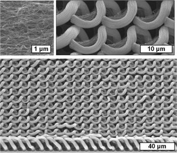 Microscale features with complex 3D geometries are built for the first time from the bottom up using aligned carbon nanotubes. The method produces a variety of geometries by a high throughput chemical vapor deposition process.