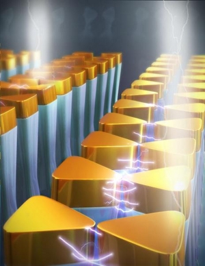Illustration of the pillar-based Au bowtie nanoantenna arrays undergoing selective actuation due to an electromagnetic-induced force. 