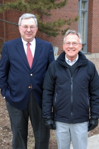 Henry Petroski, alumnus, famous author, professor and expert on design success and failure (left), visits his doctoral advisor, Professor Donald Carlson, on the Illinois campus.