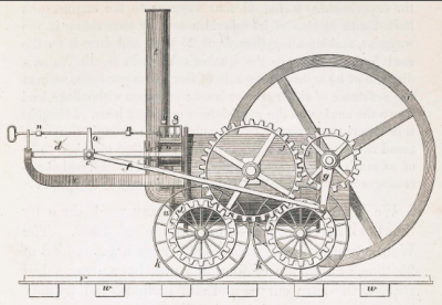 A drawing of one of Trevithickâ€™s early locomotives.