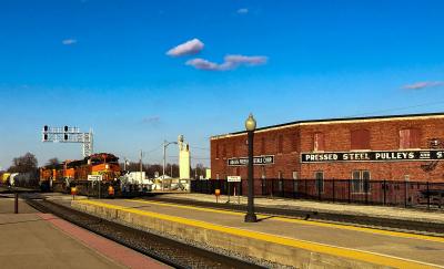 Freight train passing by in Galesburg, Illinois.