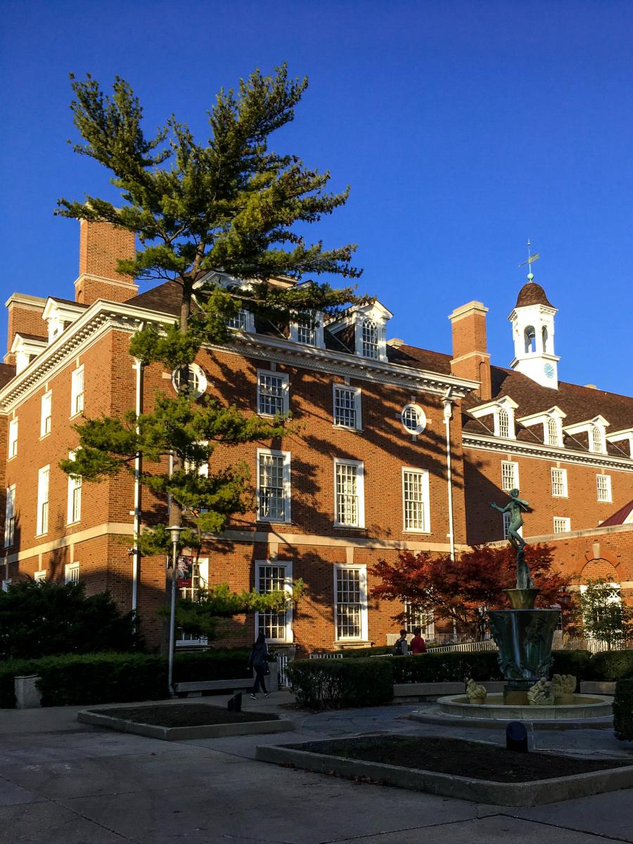 Looking at the Illini Union's west entrance and fountain.