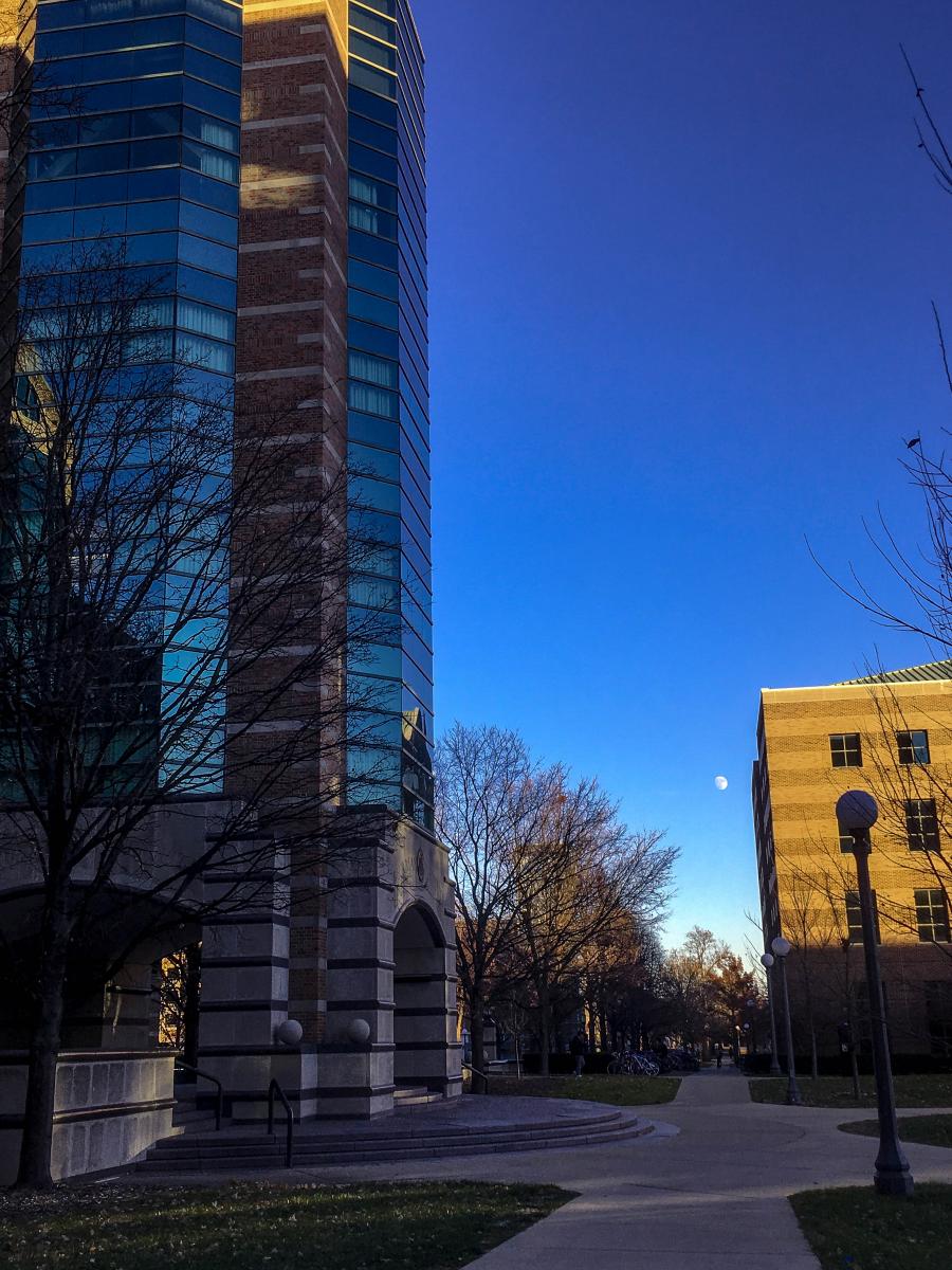 Moonrise over Beckman Institute.