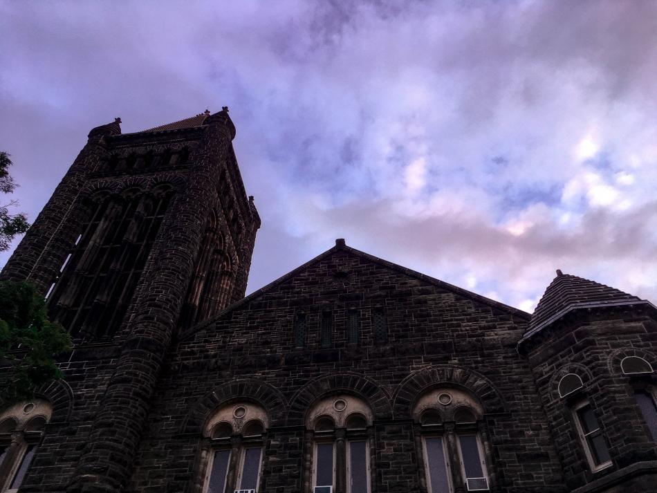 Looking up at Altgeld Hall at dusk.