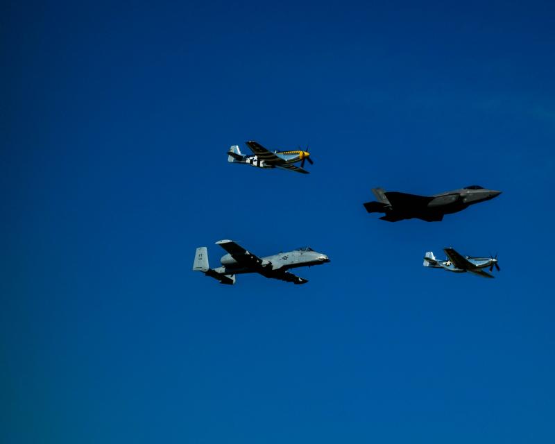 One heritage flight consisted of an A-10 Thunderbolt II (commonly known as the Warthog), two P-51 Mustangs, and the new F-35 Lightning II.