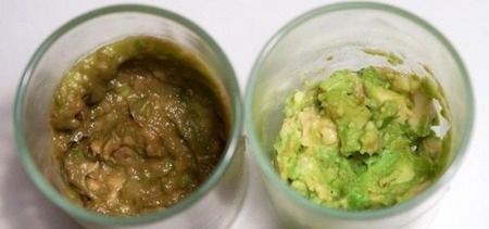 The brown guacamole on the left and the green guacamole on the right are both safe to eat. Adding a compound that will lower the pH, such as lime juice, allows the guac to retain its color over a longer period of time.