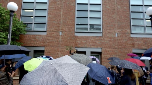 Titled â€œThe Quintessential Engineer,â€ the statue was sculpted by artist Julie Amrany and dedicated by Women in Engineering to the students at Illinois. Photo by Taylor Tucker.
