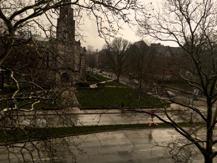 Early April thunderstorm as seen from the third floor of MEB.