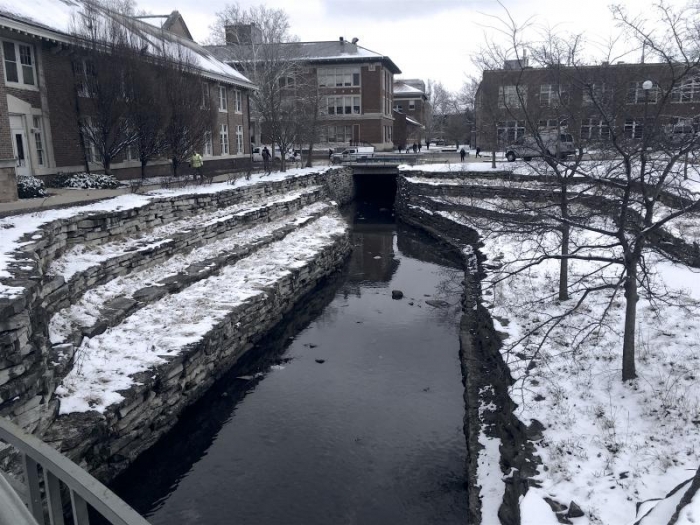 Boneyard Creek flowing in below-freezing temperatures.