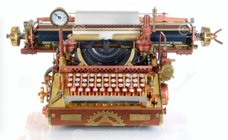 A steampunk-inspired typewriter has a style typical of the imagined world.
