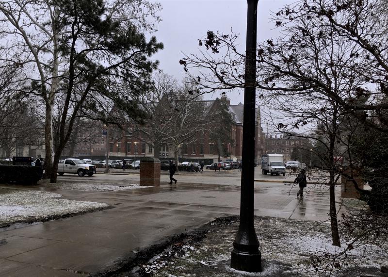 Looking at light snow from outside Engineering Hall.