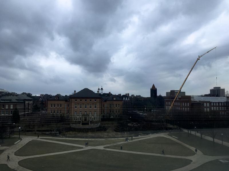 View of the Bardeen Quad from Grainger on a warm day in early February.