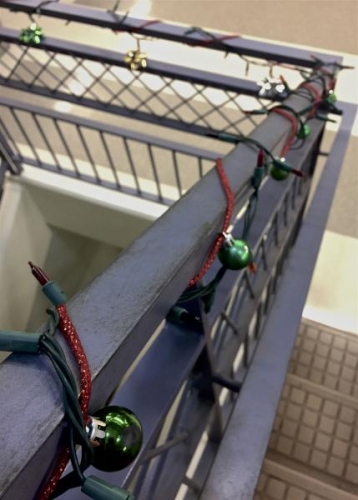 Christmas decorations on the Quad side of MEL.