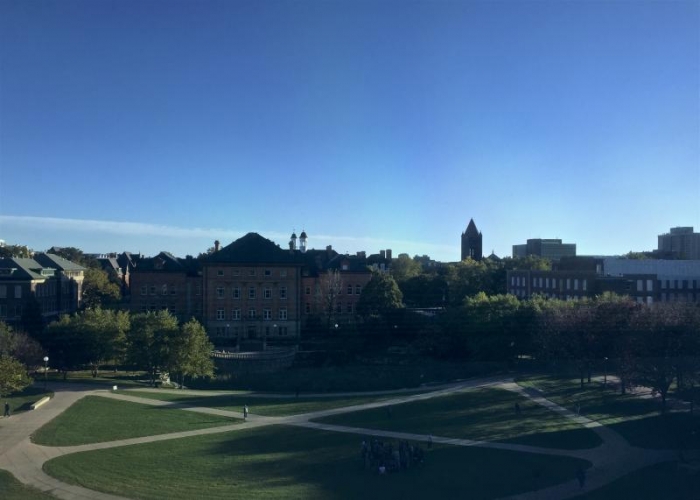 Looking out at the engineering quad from the fourth floor of Grainger.