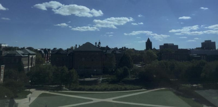 Looking out at the engineering quad from the fourth floor of Grainger.