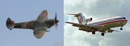 The Spitfire, left, has a very distinctive wing shape. The 727 has a three cell layout, making it easy to identify.