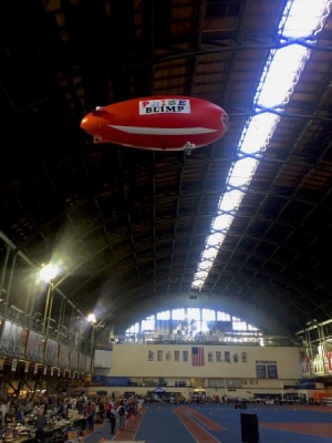 RC blimp flies through the Armory at E-fest in early February.