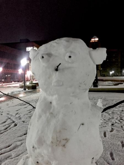 Students built a snowman on the Beckman Quad.