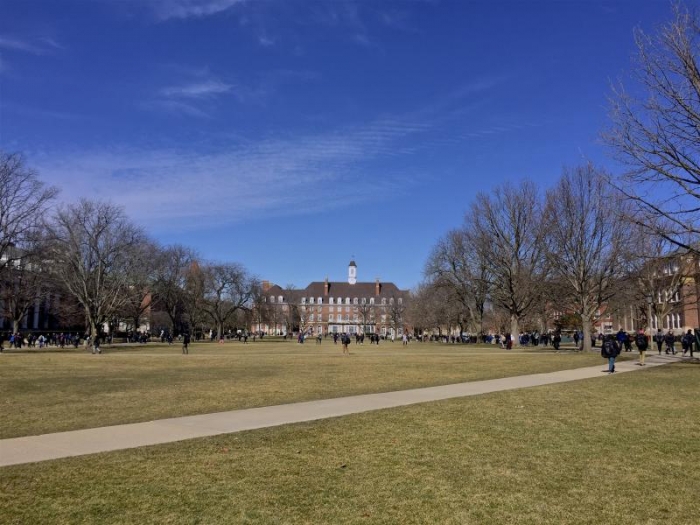 Looking at the Illini Union from the front of Foellinger Auditorium on a warm day in early March. 