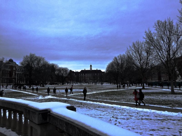 View of the main Quad from Foellinger Auditorium.