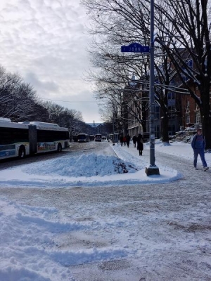 Piles of snow on Wright Street after a snowfall the night before.