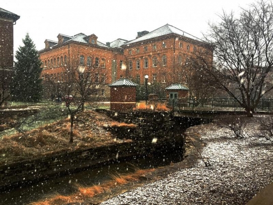 First snow of the season, behind Engineering Hall.