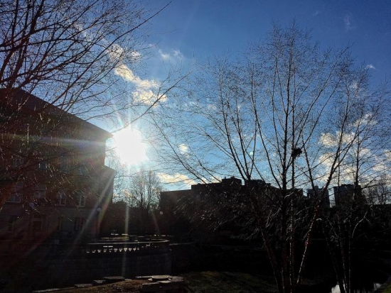 Sun peeking around Engineering Hall.